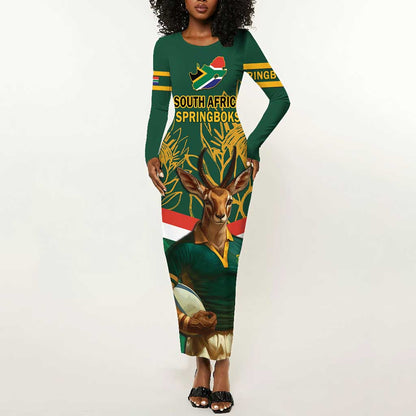 Custom South Africa Rugby Long Sleeve Bodycon Dress 2024 Go Springboks Mascot African Pattern LT14