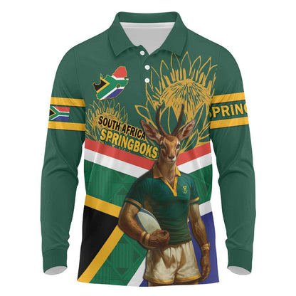 Custom South Africa Rugby Long Sleeve Polo Shirt 2024 Go Springboks Mascot African Pattern