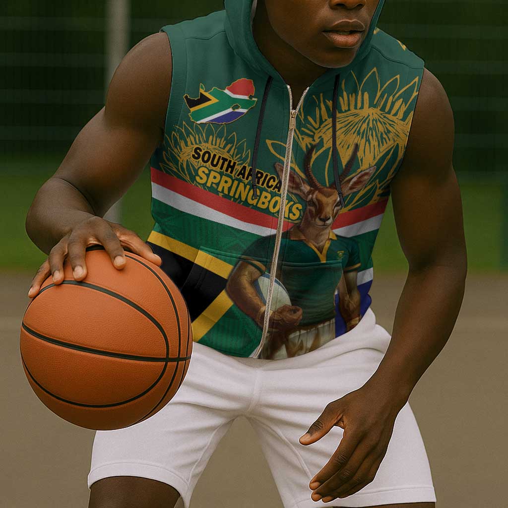 Custom South Africa Rugby Sleeveless Zip Hoodie 2024 Go Springboks Mascot African Pattern - African Pride