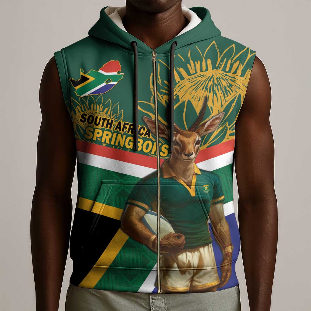 Custom South Africa Rugby Sleeveless Zip Hoodie 2024 Go Springboks Mascot African Pattern - African Pride
