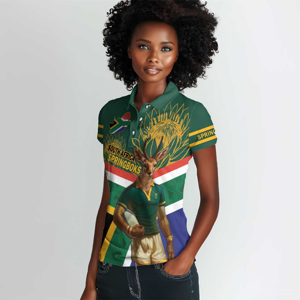 Custom South Africa Rugby Women Polo Shirt 2024 Go Springboks Mascot African Pattern
