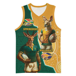 Personalised South Africa And Australia Rugby Basketball Jersey 2024 Springboks Wallabies Mascots Together - African Pride