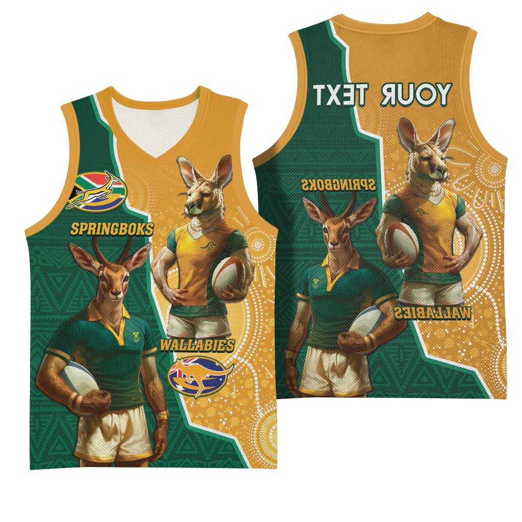 Personalised South Africa And Australia Rugby Basketball Jersey 2024 Springboks Wallabies Mascots Together - African Pride