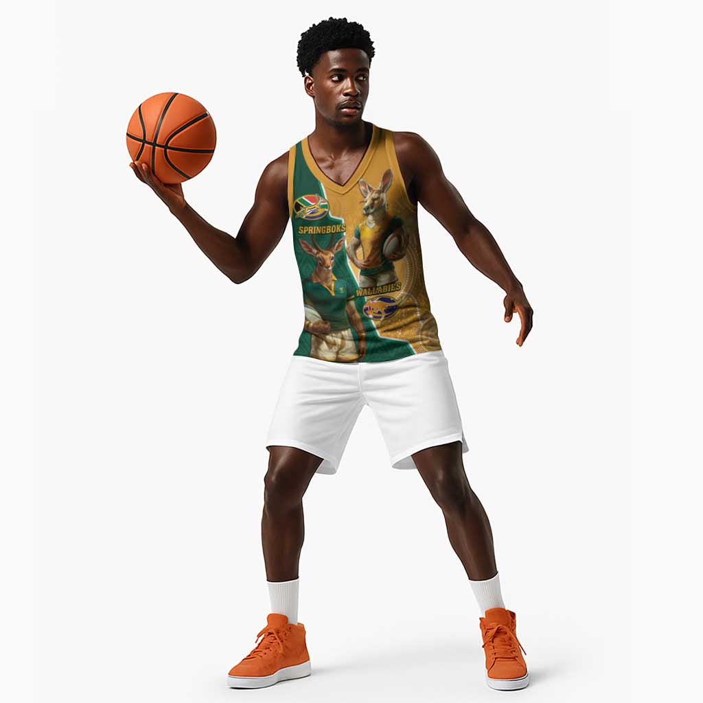 Personalised South Africa And Australia Rugby Basketball Jersey 2024 Springboks Wallabies Mascots Together - African Pride