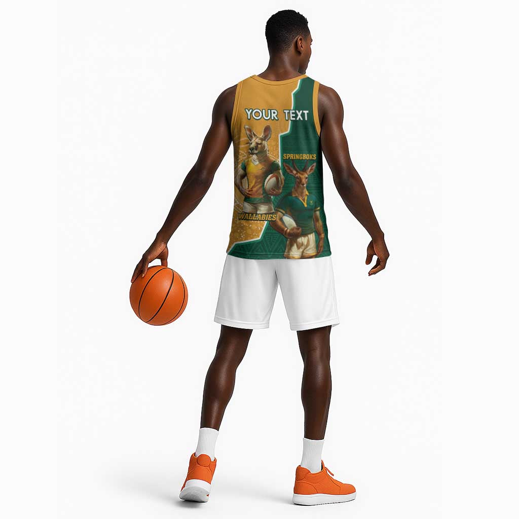 Personalised South Africa And Australia Rugby Basketball Jersey 2024 Springboks Wallabies Mascots Together LT14