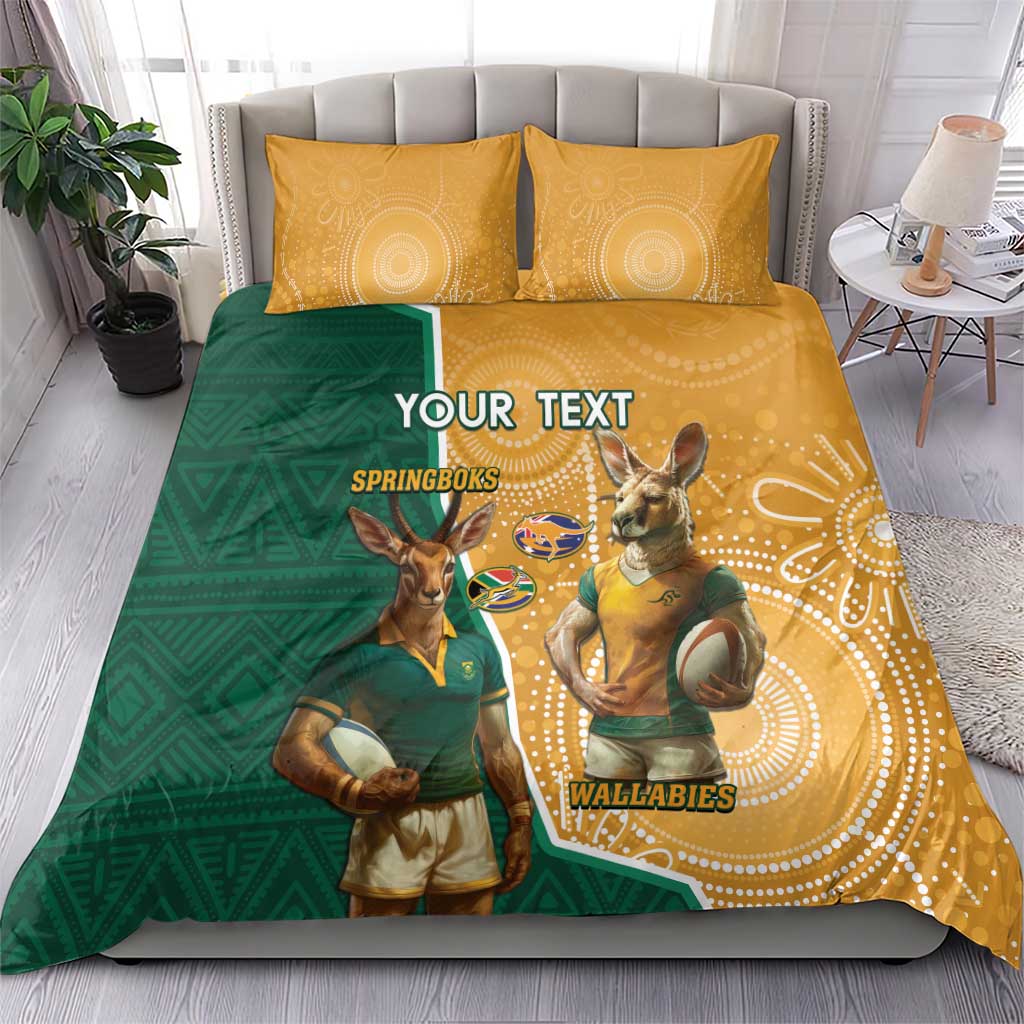 Personalised South Africa And Australia Rugby Bedding Set 2024 Springboks Wallabies Mascots Together