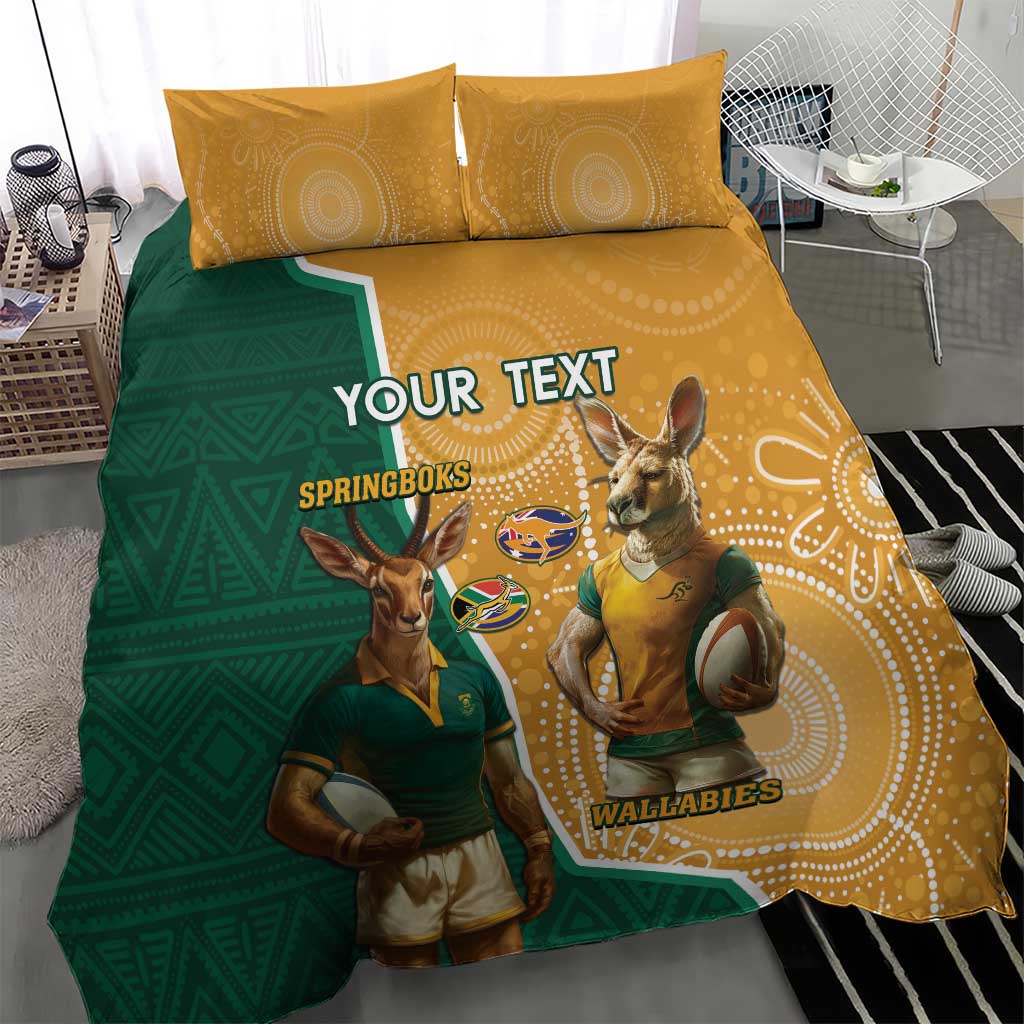 Personalised South Africa And Australia Rugby Bedding Set 2024 Springboks Wallabies Mascots Together