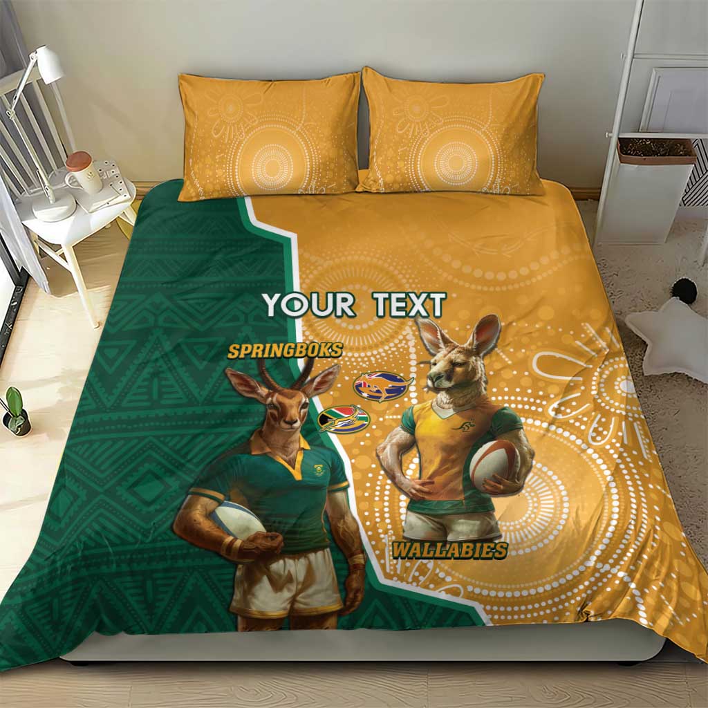 Personalised South Africa And Australia Rugby Bedding Set 2024 Springboks Wallabies Mascots Together