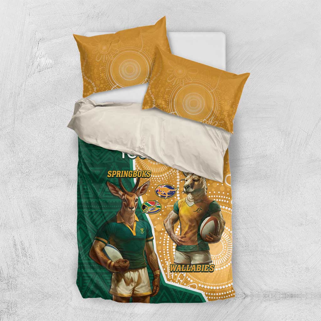 Personalised South Africa And Australia Rugby Bedding Set 2024 Springboks Wallabies Mascots Together