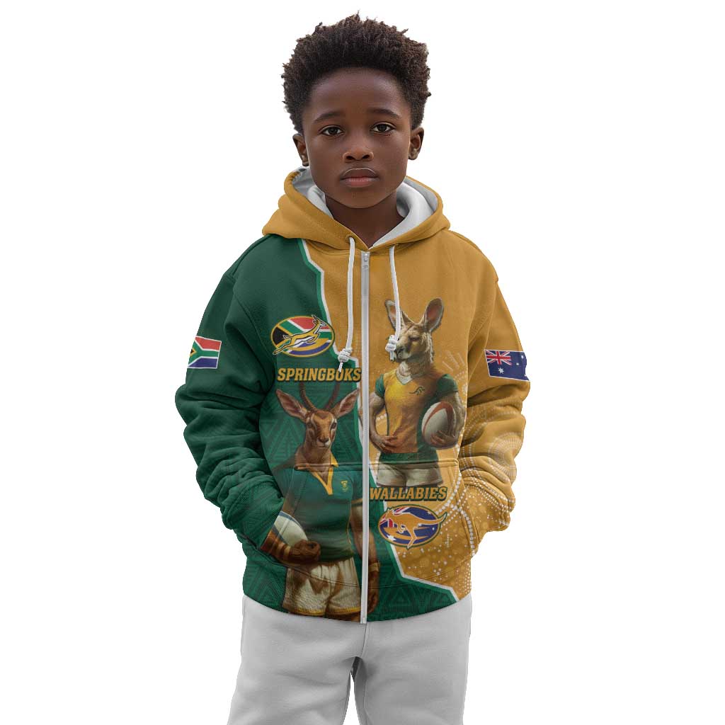 Personalised South Africa And Australia Rugby Kid Hoodie 2024 Springboks Wallabies Mascots Together