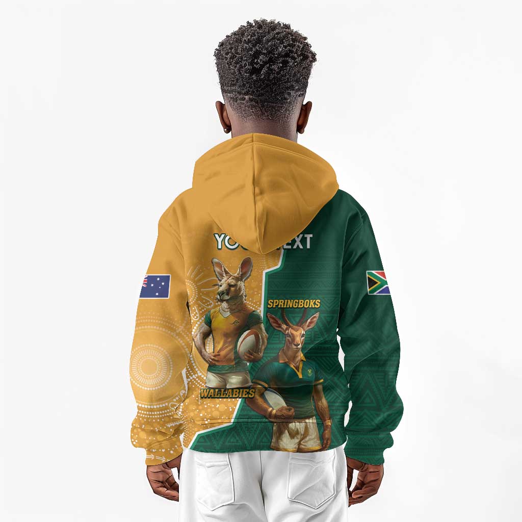 Personalised South Africa And Australia Rugby Kid Hoodie 2024 Springboks Wallabies Mascots Together