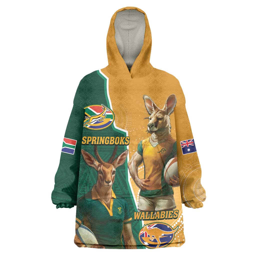 Personalised South Africa And Australia Rugby KId Wearable Blanket Hoodie 2024 Springboks Wallabies Mascots Together