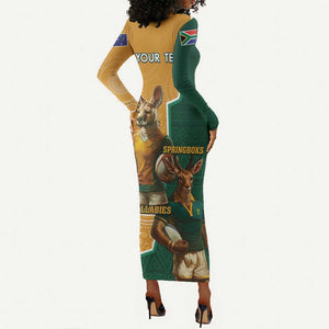 Personalised South Africa And Australia Rugby Long Sleeve Bodycon Dress 2024 Springboks Wallabies Mascots Together LT14