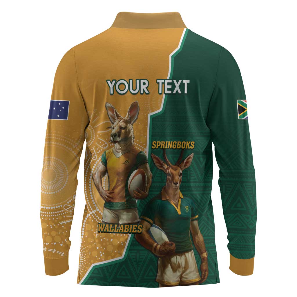 Personalised South Africa And Australia Rugby Long Sleeve Polo Shirt 2024 Springboks Wallabies Mascots Together