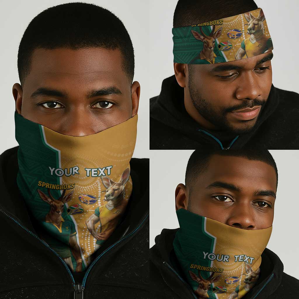 Personalised South Africa And Australia Rugby Neck Gaiter 2024 Springboks Wallabies Mascots Together LT14