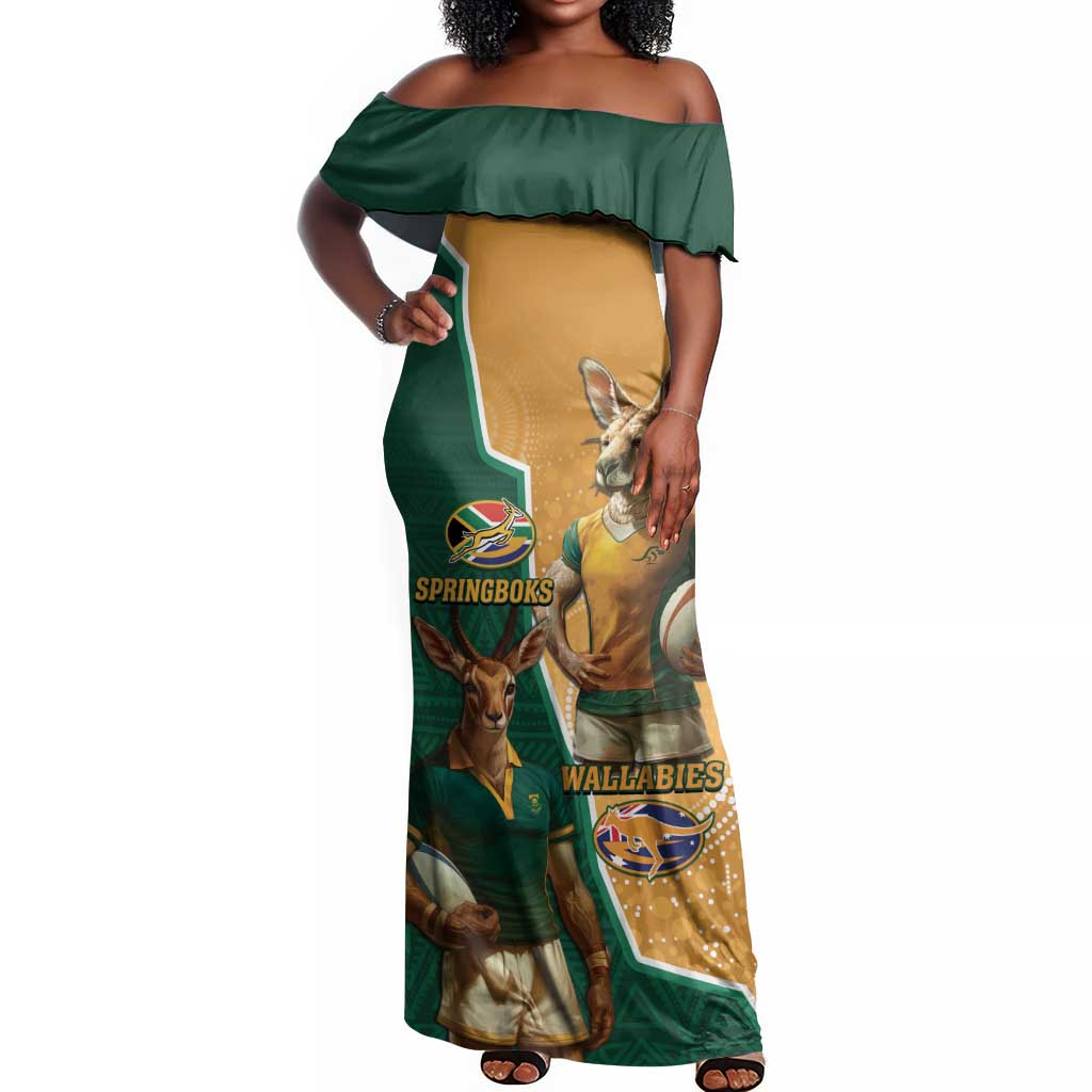 Personalised South Africa And Australia Rugby Off Shoulder Maxi Dress 2024 Springboks Wallabies Mascots Together