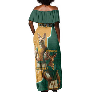 Personalised South Africa And Australia Rugby Off Shoulder Maxi Dress 2024 Springboks Wallabies Mascots Together