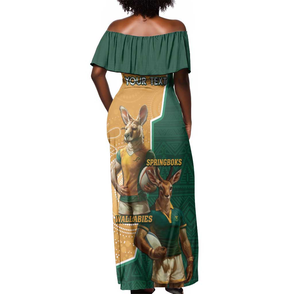 Personalised South Africa And Australia Rugby Off Shoulder Maxi Dress 2024 Springboks Wallabies Mascots Together