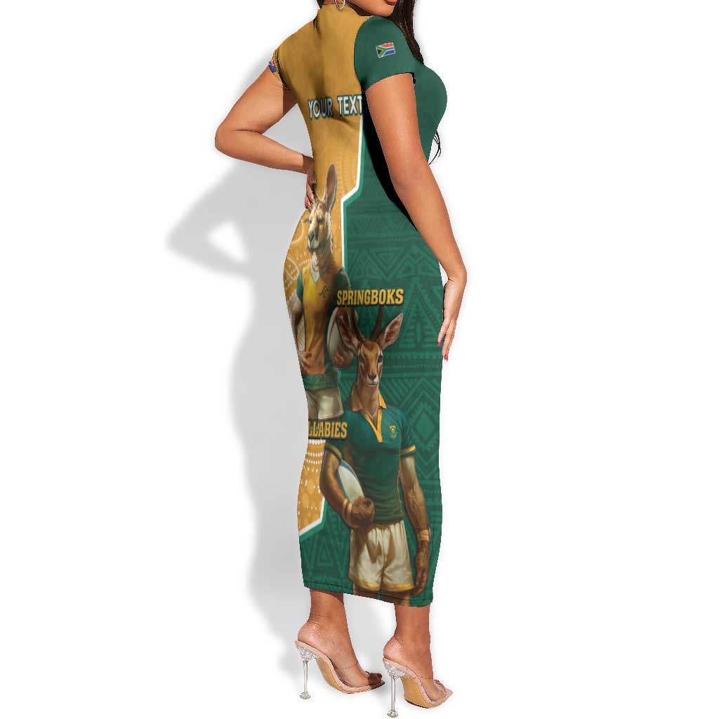 Personalised South Africa And Australia Rugby Short Sleeve Bodycon Dress 2024 Springboks Wallabies Mascots Together LT14
