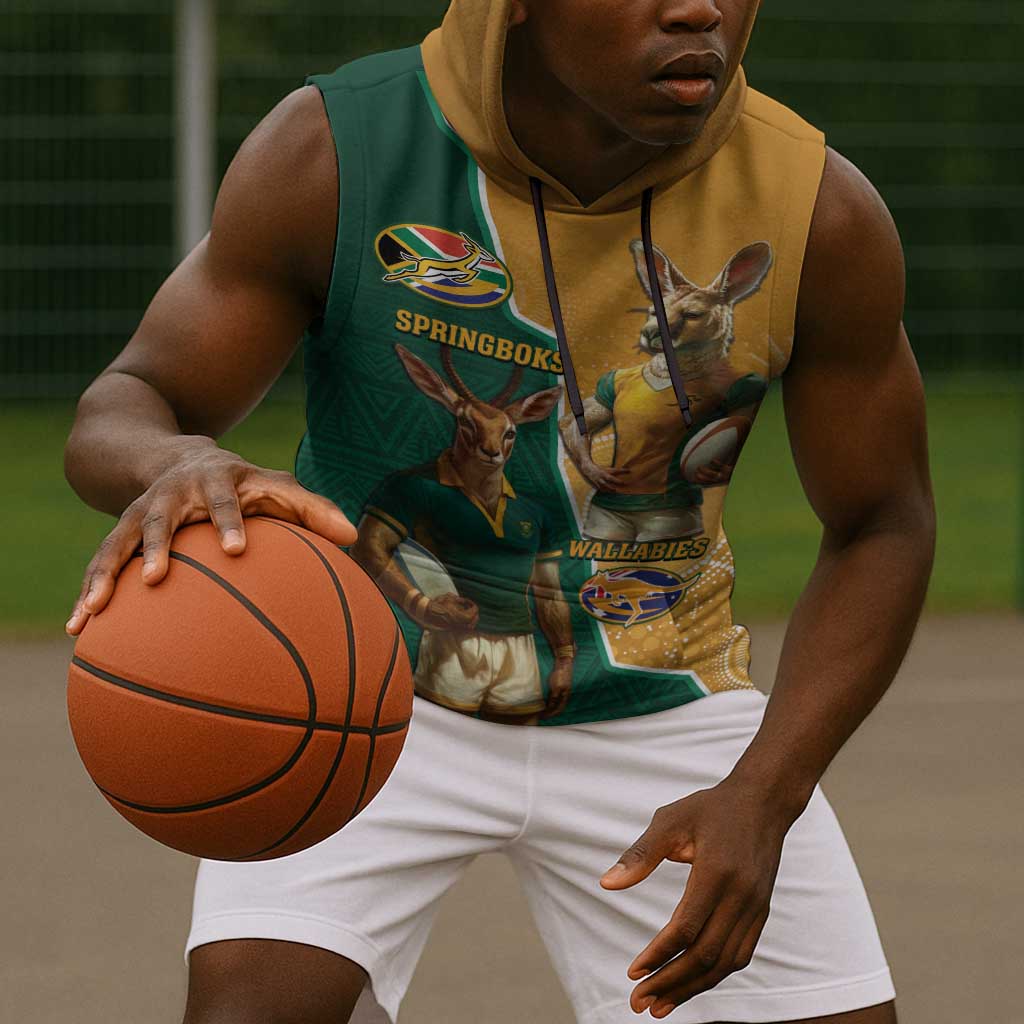 Personalised South Africa And Australia Rugby Sleeveless Hoodie 2024 Springboks Wallabies Mascots Together - African Pride