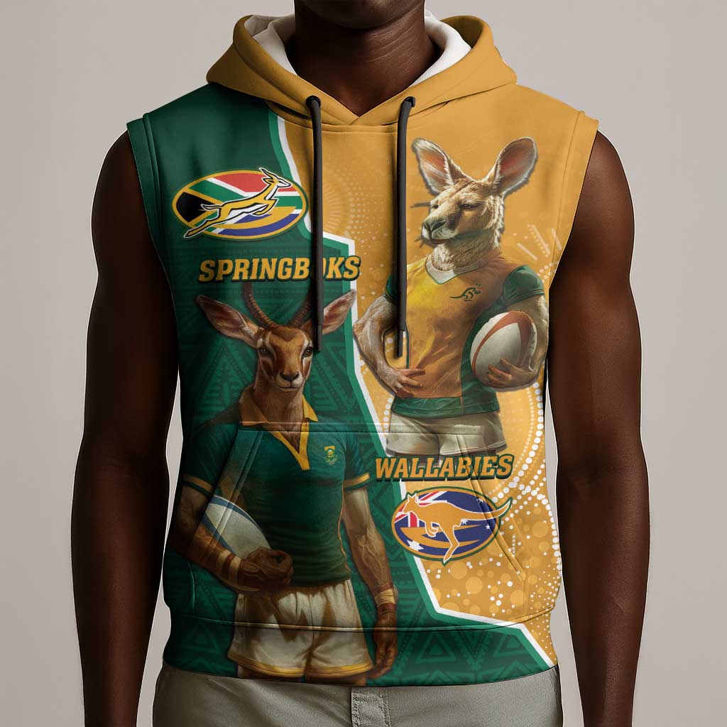 Personalised South Africa And Australia Rugby Sleeveless Hoodie 2024 Springboks Wallabies Mascots Together - African Pride