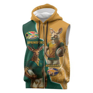 Personalised South Africa And Australia Rugby Sleeveless Zip Hoodie 2024 Springboks Wallabies Mascots Together - African Pride