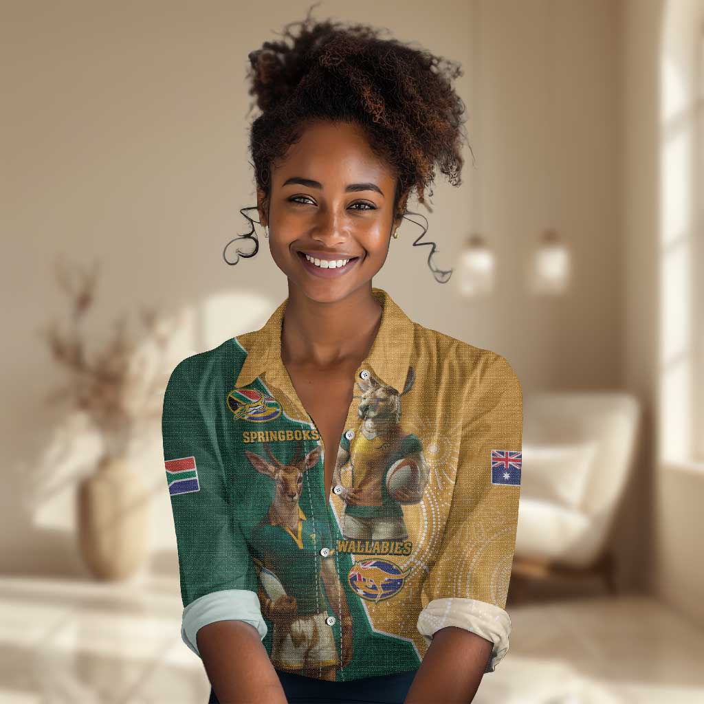 Personalised South Africa And Australia Rugby Women Casual Shirt 2024 Springboks Wallabies Mascots Together LT14