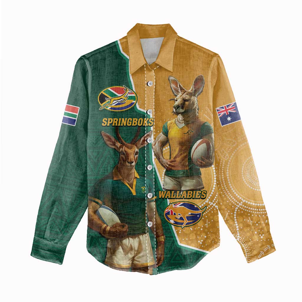Personalised South Africa And Australia Rugby Women Casual Shirt 2024 Springboks Wallabies Mascots Together LT14