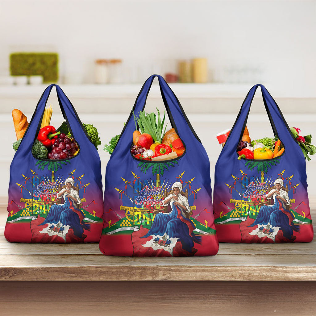 Catherine Flon Haiti Flag Day Grocery Bag Ayiti Cherie Coat Of Arms
