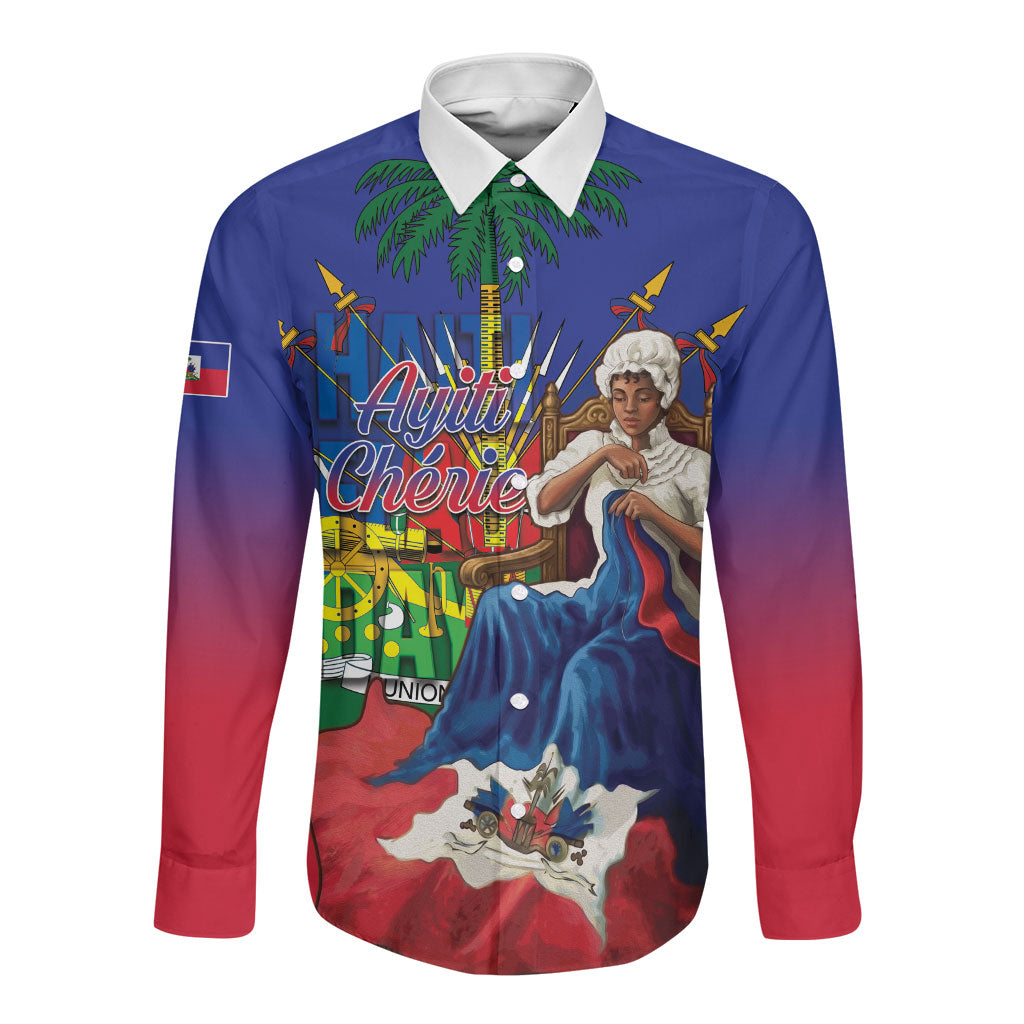 Catherine Flon Haiti Flag Day Long Sleeve Button Shirt Ayiti Cherie Coat Of Arms