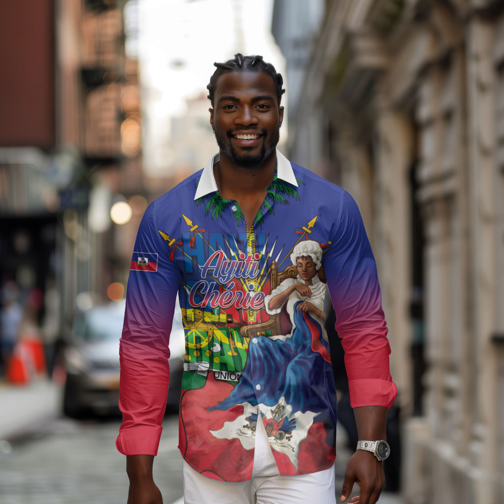 Catherine Flon Haiti Flag Day Long Sleeve Button Shirt Ayiti Cherie Coat Of Arms