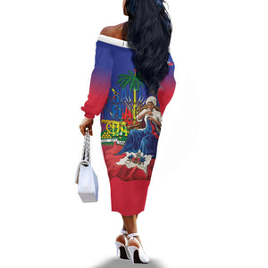 Catherine Flon Haiti Flag Day Off The Shoulder Long Sleeve Dress Ayiti Cherie Coat Of Arms