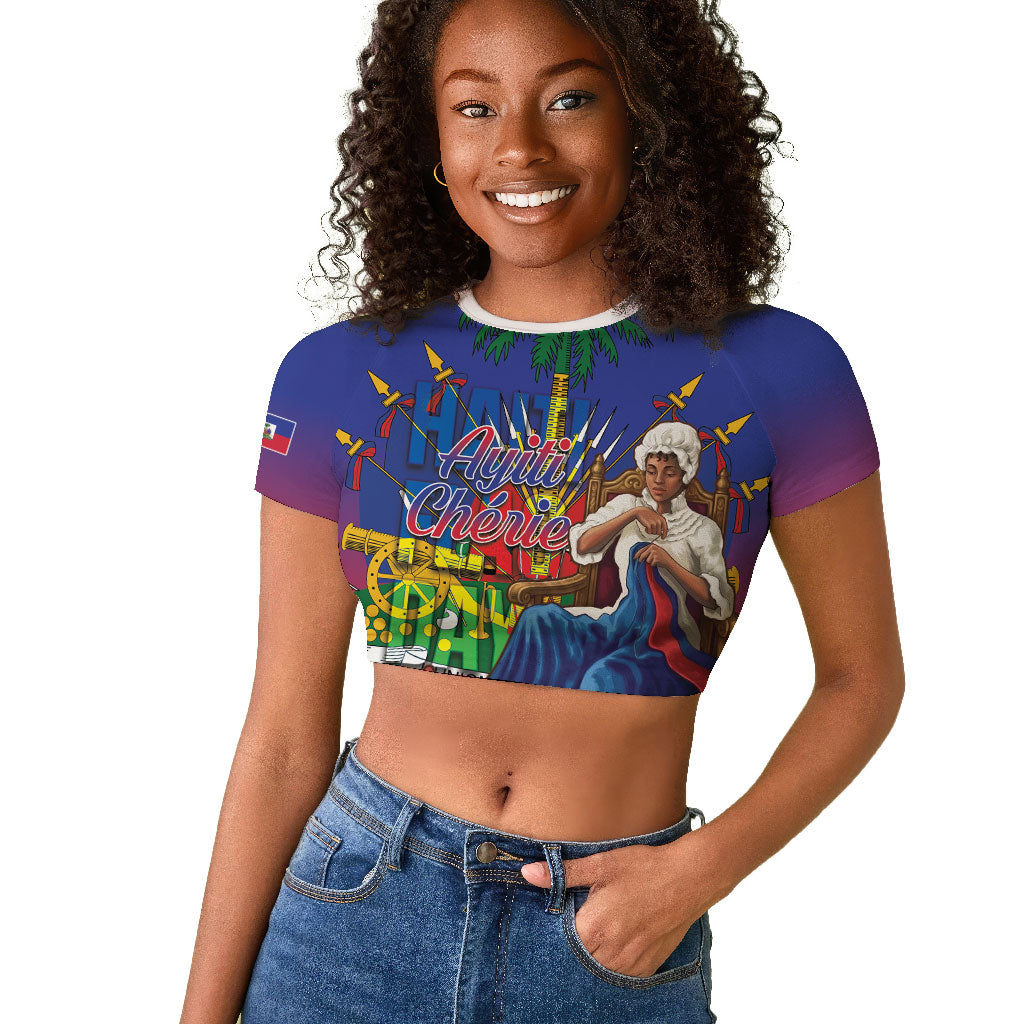 Catherine Flon Haiti Flag Day Raglan Cropped T shirt Ayiti Cherie Coat Of Arms