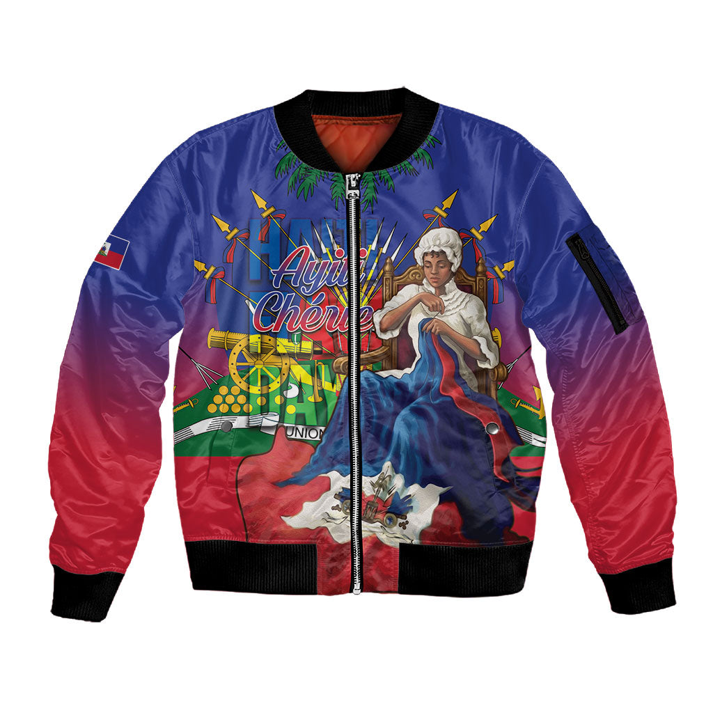 Catherine Flon Haiti Flag Day Sleeve Zip Bomber Jacket Ayiti Cherie Coat Of Arms