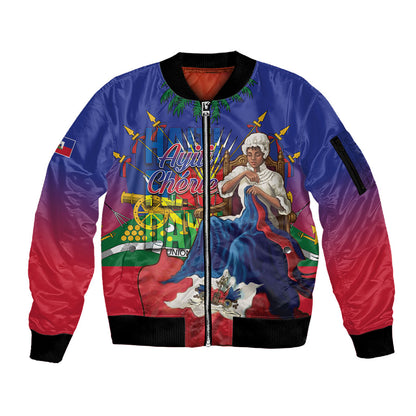 Catherine Flon Haiti Flag Day Sleeve Zip Bomber Jacket Ayiti Cherie Coat Of Arms