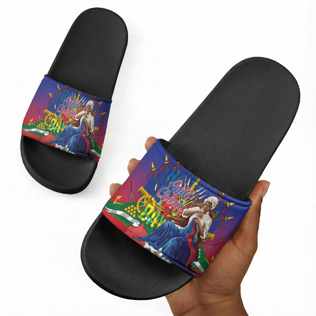 Catherine Flon Haiti Flag Day Slide Sandals Ayiti Cherie Coat Of Arms