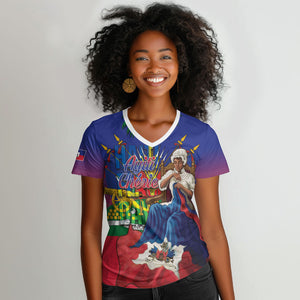 Catherine Flon Haiti Flag Day Women V-Neck T-Shirt Ayiti Cherie Coat Of Arms