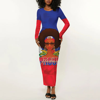 Personalized Haiti Flag Day Long Sleeve Bodycon Dress Haitian Women Proud Flag Wave Style
