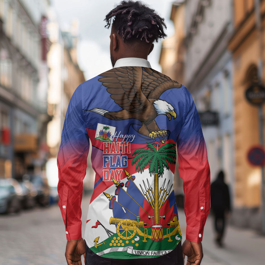 Haiti Flag Day Long Sleeve Button Shirt Haitian Blood American Heart Eagle With Flag