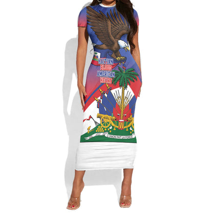 Haiti Flag Day Short Sleeve Bodycon Dress Haitian Blood American Heart Eagle With Flag