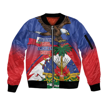 Haiti Flag Day Sleeve Zip Bomber Jacket Haitian Blood American Heart Eagle With Flag
