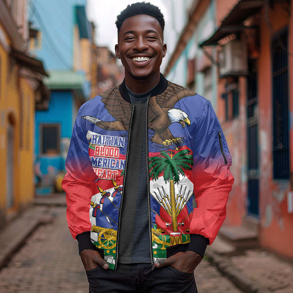 Haiti Flag Day Sleeve Zip Bomber Jacket Haitian Blood American Heart Eagle With Flag