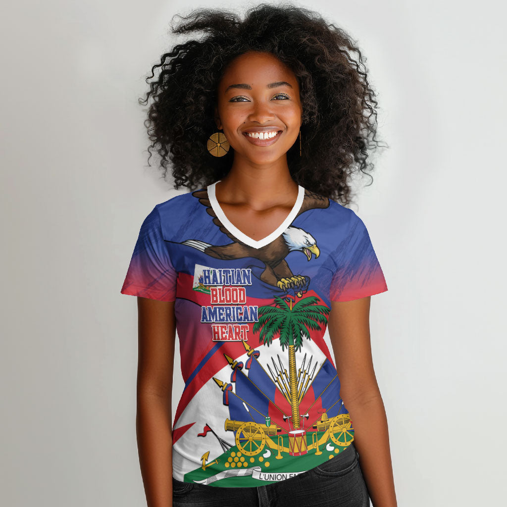 Haiti Flag Day Women V-Neck T-Shirt Haitian Blood American Heart Eagle With Flag