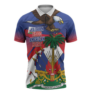 Haiti Flag Day Zipper Polo Shirt Haitian Blood American Heart Eagle With Flag