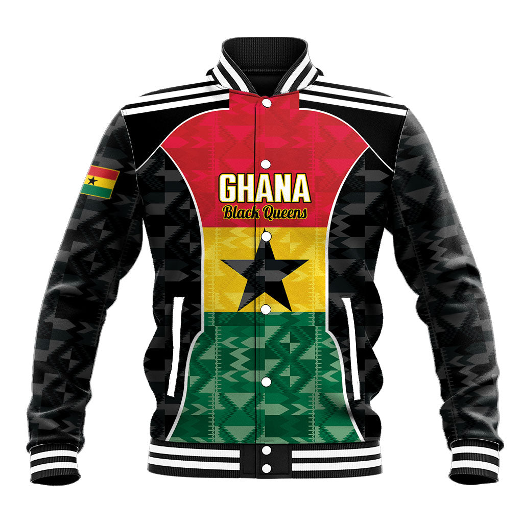 Ghana Football Custom Baseball Jacket Go Black Queens Kente Pattern