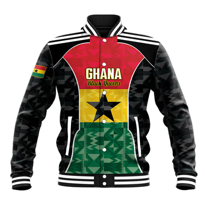 Ghana Football Custom Baseball Jacket Go Black Queens Kente Pattern