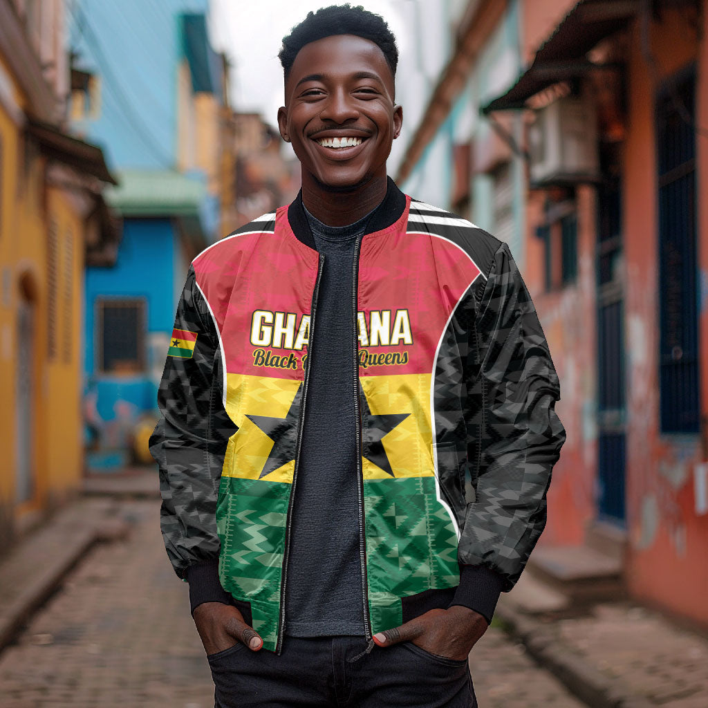 Ghana Football Custom Bomber Jacket Go Black Queens Kente Pattern