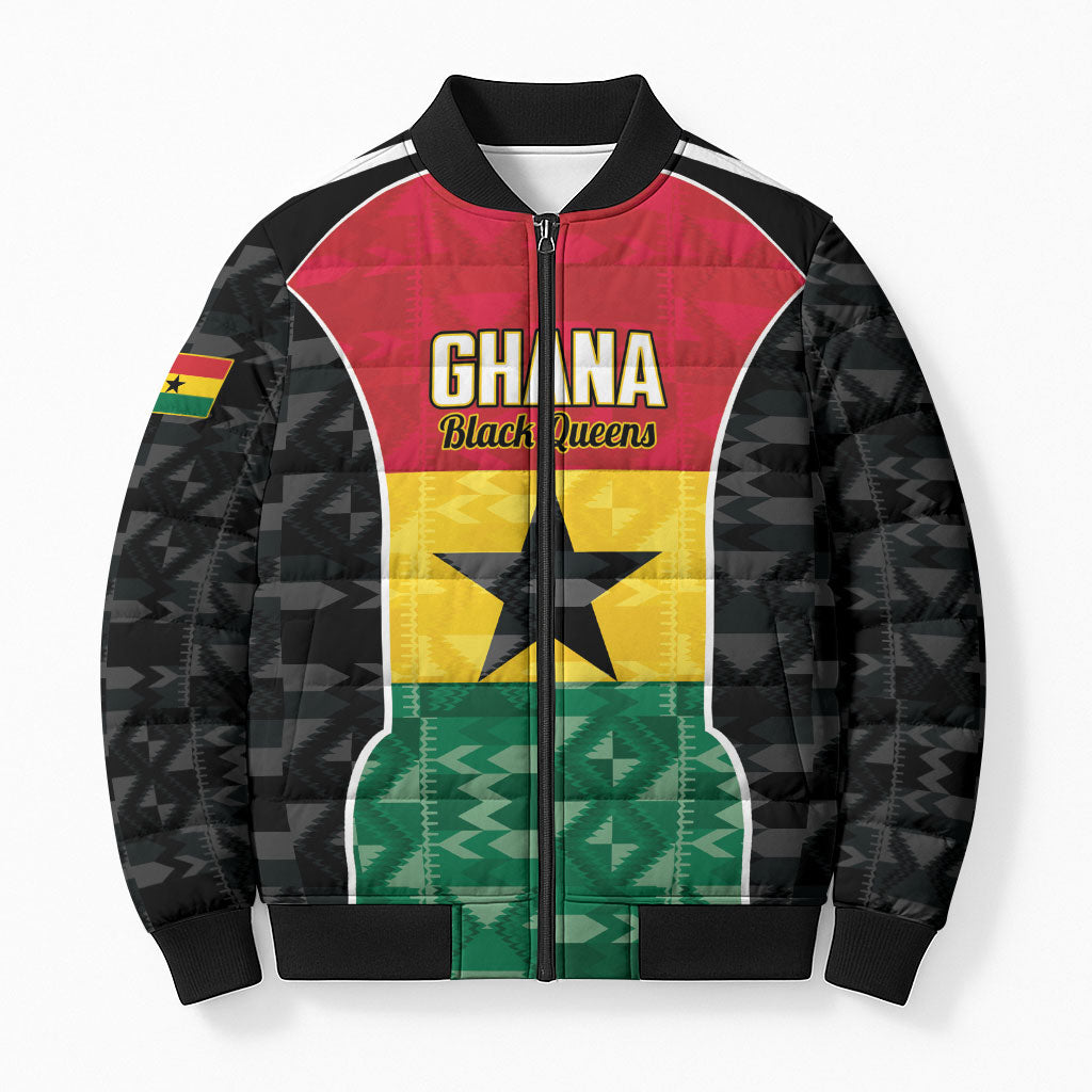 Ghana Football Custom Bomber Puffer Jacket Go Black Queens Kente Pattern