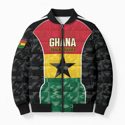 Ghana Football Custom Bomber Puffer Jacket Go Black Queens Kente Pattern