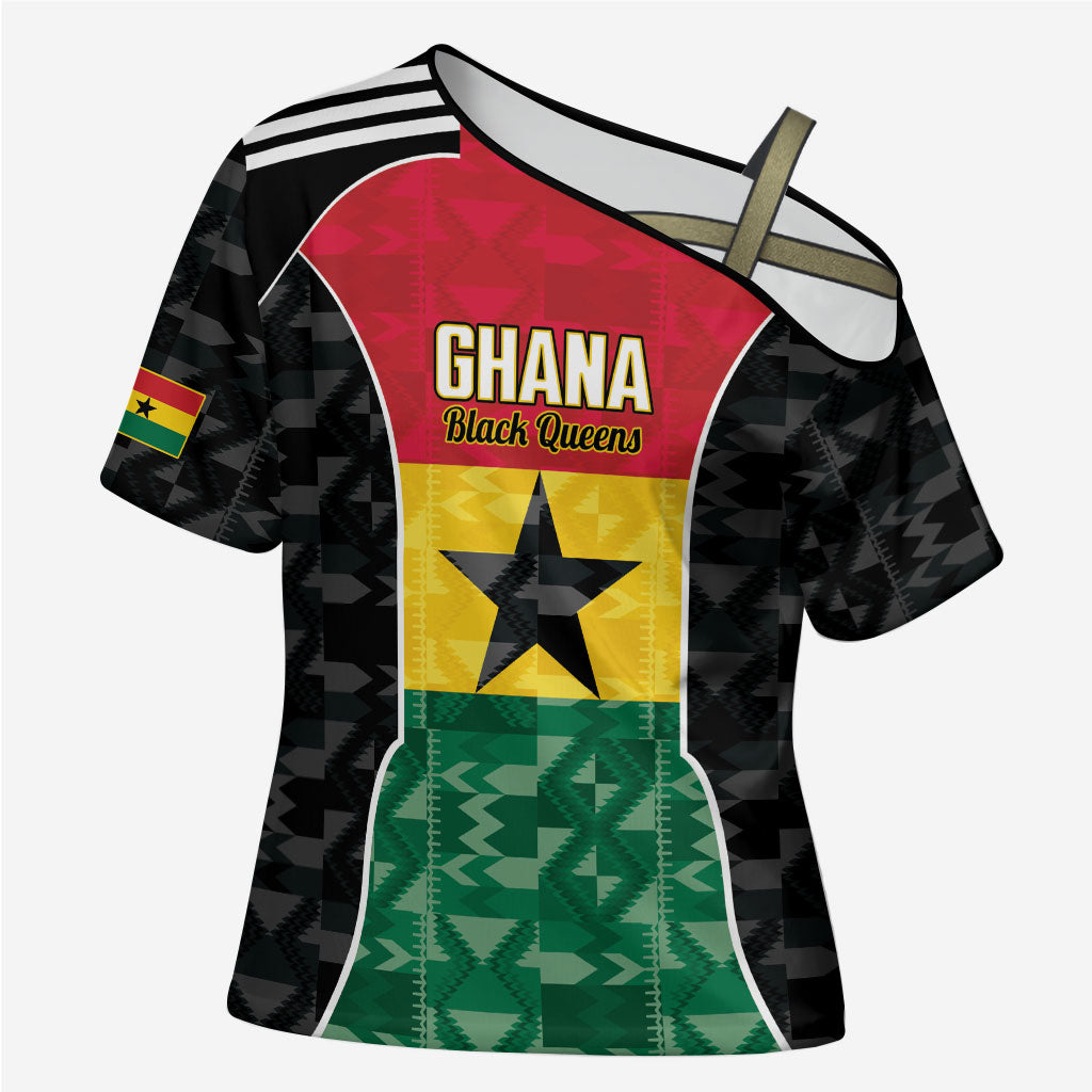 Ghana Football Custom Cross Shoulder Shirt Go Black Queens Kente Pattern